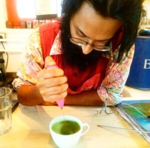 Dhanesh brewing Matcha, Japanese ground tea